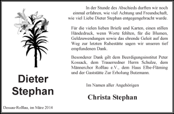 Traueranzeige von Dieter Stephan von WVG - Wochenspiegel Dessau / Köthen