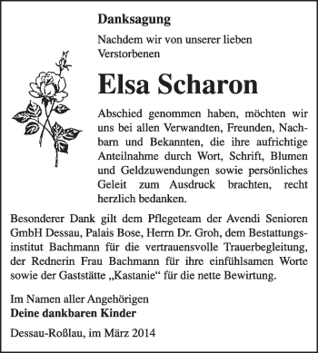 Traueranzeige von Elsa Scharon von Super Sonntag Dessau / Köthen