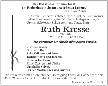 Traueranzeige von Ruth Kresse von Super Sonntag Zeitz