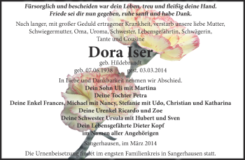 Traueranzeige von Dora Iser von WVG - Wochenspiegel SGH