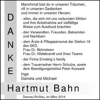 Traueranzeige von Hartmut Bahn von Super Sonntag Dessau / Köthen