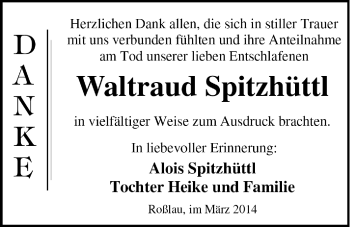 Traueranzeige von Waltraud Spitzhüttl von Super Sonntag Dessau / Köthen