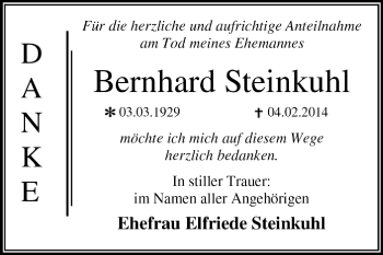 Traueranzeige von Bernhard Steinkuhl von Super Sonntag Dessau / Köthen