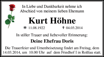 Traueranzeige von Kurt Höhne von Super Sonntag Dessau / Köthen