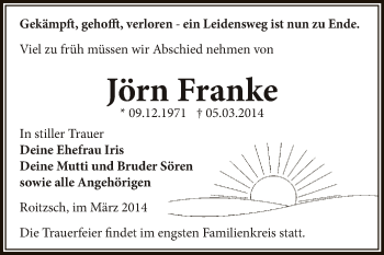Traueranzeige von Jörn Franke von WVG - Wochenspiegel Bitterfeld