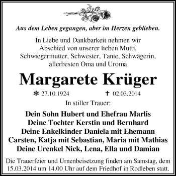 Traueranzeige von Margarete Krüger von Super Sonntag Dessau / Köthen