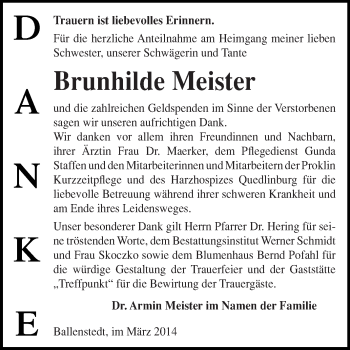 Traueranzeige von Brunhilde Meister von WVG - Wochenspiegel Quedlinburg