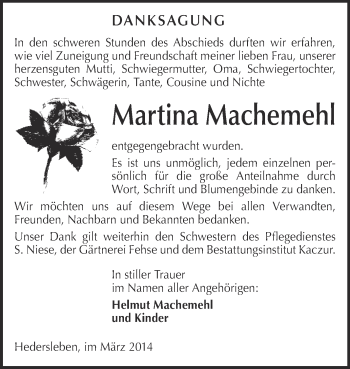Traueranzeige von Martina Machemehl von Super Sonntag Quedlinburg