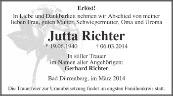 Traueranzeige von Jutta Richter von Super Sonntag Merseburg