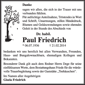 Traueranzeige von Paul Friedrich von Super Sonntag Dessau / Köthen