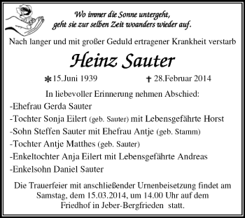 Traueranzeige von Heinz Sauter von Super Sonntag Dessau / Köthen