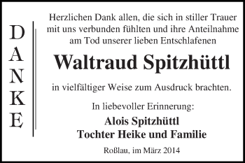 Traueranzeige von Waltraud Spitzhüttl von WVG - Wochenspiegel Dessau / Köthen