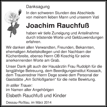 Traueranzeige von Joachim Rauchfuß von WVG - Wochenspiegel Dessau / Köthen