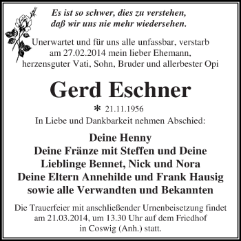 Traueranzeige von Gerd Eschner von WVG - Wochenspiegel Dessau / Köthen