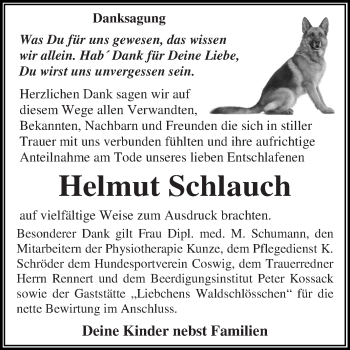 Traueranzeige von Helmut Schlauch von WVG - Wochenspiegel Dessau / Köthen