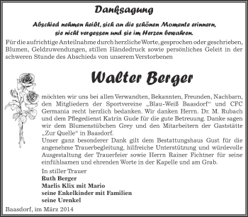Traueranzeige von Walter Berger von WVG - Wochenspiegel Dessau / Köthen