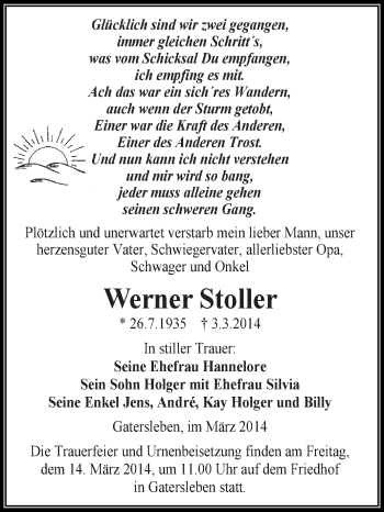 Traueranzeige von Werner Stoller von WVG - Wochenspiegel Aschersleben