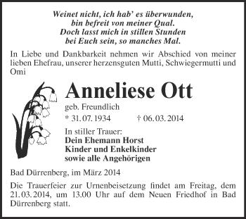 Traueranzeige von Anneliese Ott von Super Sonntag Merseburg