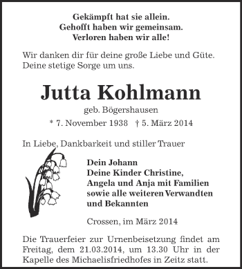 Traueranzeige von Jutta Kohlmann von Super Sonntag Zeitz