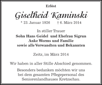 Traueranzeige von Giselheid Kaminski von Super Sonntag Zeitz