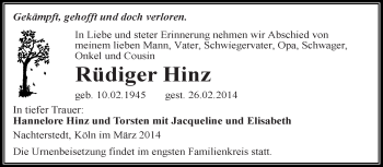 Traueranzeige von Rüdiger Hinz von WVG - Wochenspiegel Aschersleben