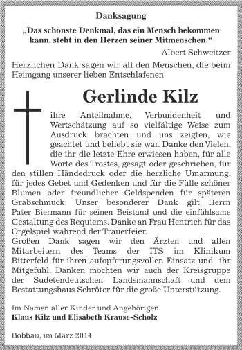 Traueranzeige von Gerlinde Kilz von WVG - Wochenspiegel Bitterfeld