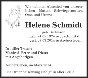 Traueranzeige von Helene Schmidt von WVG - Wochenspiegel Aschersleben