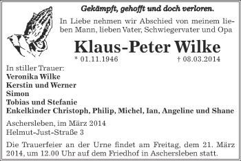 Traueranzeige von Klaus-Peter Wilke von WVG - Wochenspiegel Aschersleben