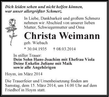 Traueranzeige von Christa Weimann von WVG - Wochenspiegel Aschersleben
