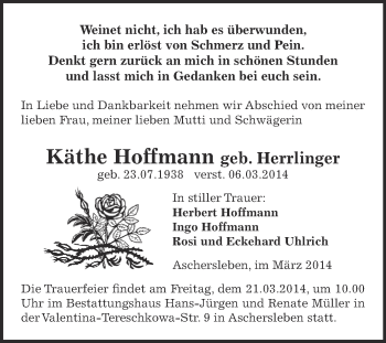 Traueranzeige von Käthe Hoffmann von WVG - Wochenspiegel Aschersleben
