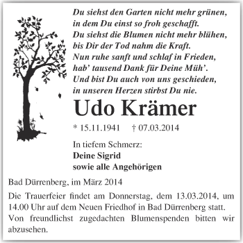 Traueranzeige von Udo Krämer von Super Sonntag Merseburg