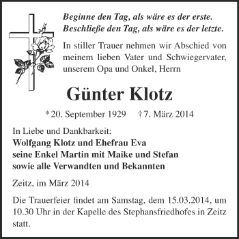 Traueranzeige von Günter Klotz von WVG - Wochenspiegel NMB / WSF / ZTZ