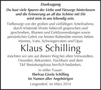 Traueranzeige von Klaus Schilling von WVG - Wochenspiegel NMB / WSF / ZTZ