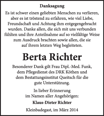 Traueranzeige von Berta Richter von Super Sonntag Dessau / Köthen
