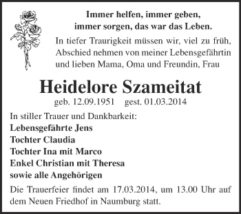 Traueranzeige von Heidelore Szameitat von WVG - Wochenspiegel NMB / WSF / ZTZ