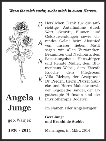 Traueranzeige von Angela Junge von WVG - Wochenspiegel Aschersleben