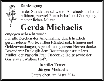 Traueranzeige von Gerda Michaelis von WVG - Wochenspiegel Aschersleben