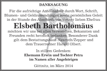 Traueranzeige von Elsbeth Bartholomäus von WVG - Wochenspiegel Bitterfeld