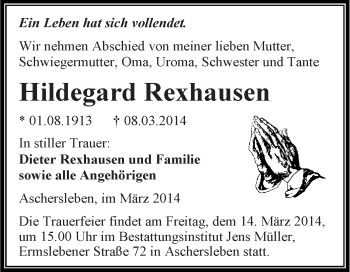 Traueranzeige von Hildegard Rexhausen von WVG - Wochenspiegel Aschersleben