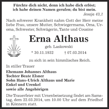 Traueranzeige von Erna Althaus von Super Sonntag Bernburg