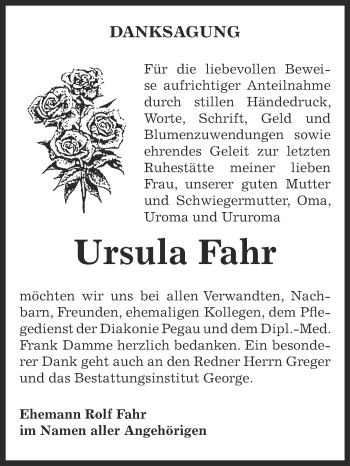 Traueranzeige von Ursula Fahr von Super Sonntag Zeitz