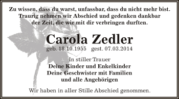 Traueranzeige von Carola Zedler von Super Sonntag Zeitz