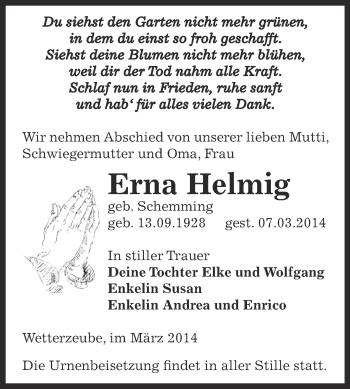 Traueranzeige von Erna Helmig von Super Sonntag Zeitz