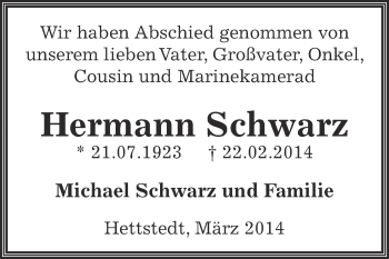 Traueranzeige von Hermann Schwarz von Wochenspiegel Mansfelder Land