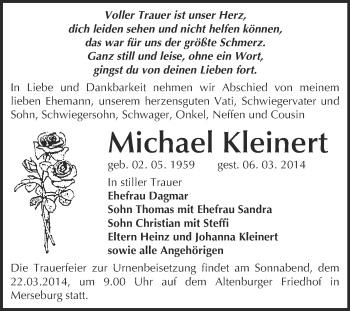 Traueranzeige von Michael Kleinert von Super Sonntag Merseburg