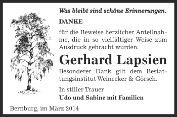 Traueranzeige von Gerhard Lapsien von Super Sonntag Bernburg