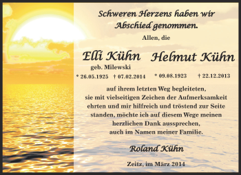 Traueranzeige von Elli und Helmut Kühn von Super Sonntag Zeitz