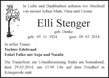 Traueranzeige von Elli Stenger von Super Sonntag Merseburg