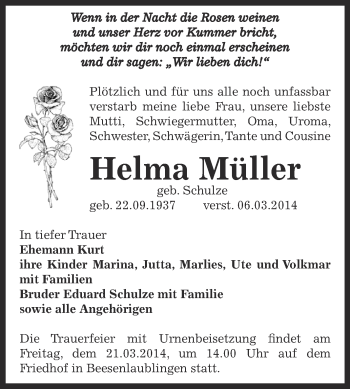 Traueranzeige von Helma Müller von Super Sonntag Bernburg