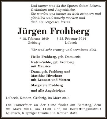Traueranzeige von Jürgen Frohberg von WVG - Wochenspiegel Dessau / Köthen